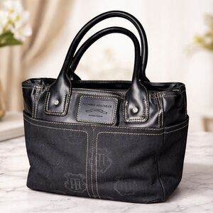 Tommy Hilfiger Black Satchel Handbag Monogram Canvas Faux Leather Trim Classic